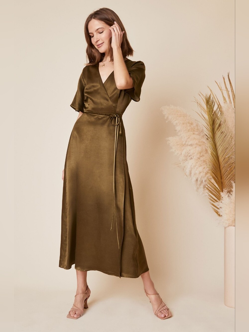 Whimsy + Row Olive Satin Wrap Midi Dress